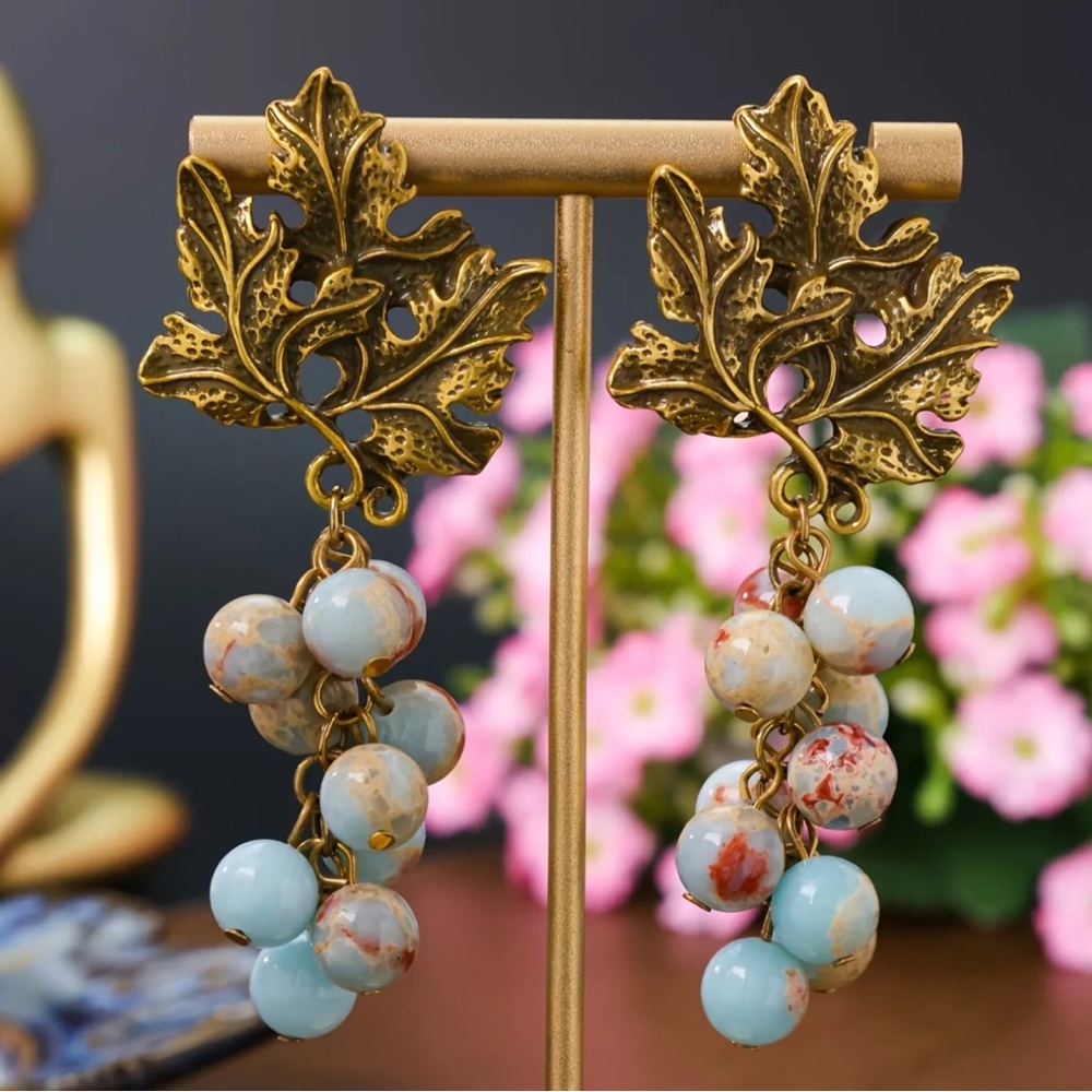 LARIMAR LEAF VINTAGE STYLE EARRINGS